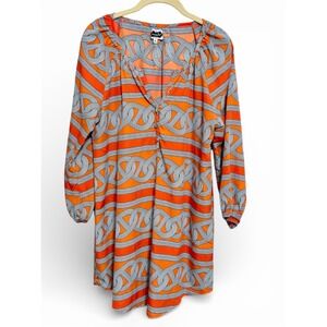 Mud‎ Pie Orange Chain Print V Neck Long Sleeve Tunic Dress Women's Size Medium